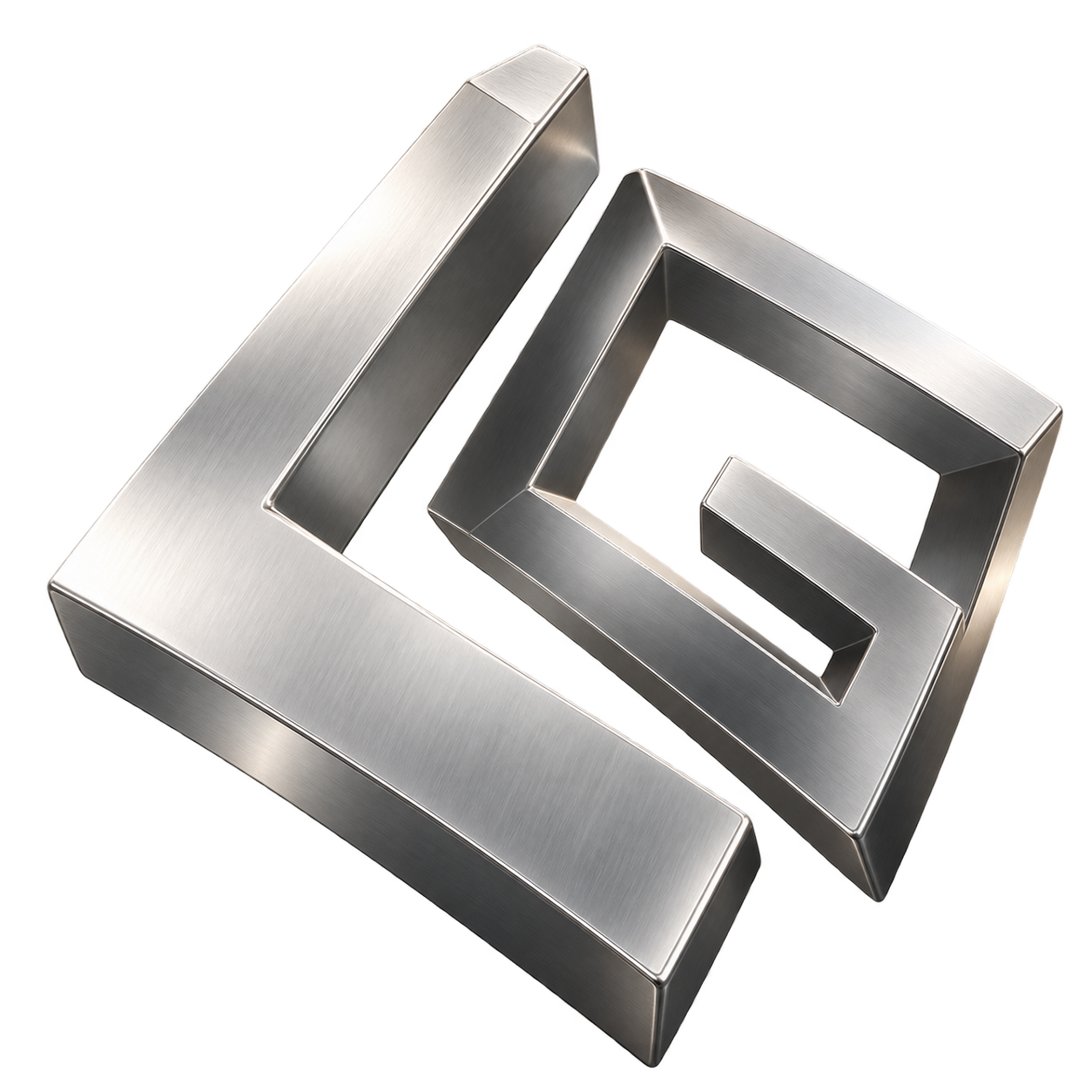 A platinum sculpture of two open forms finding a shared direction